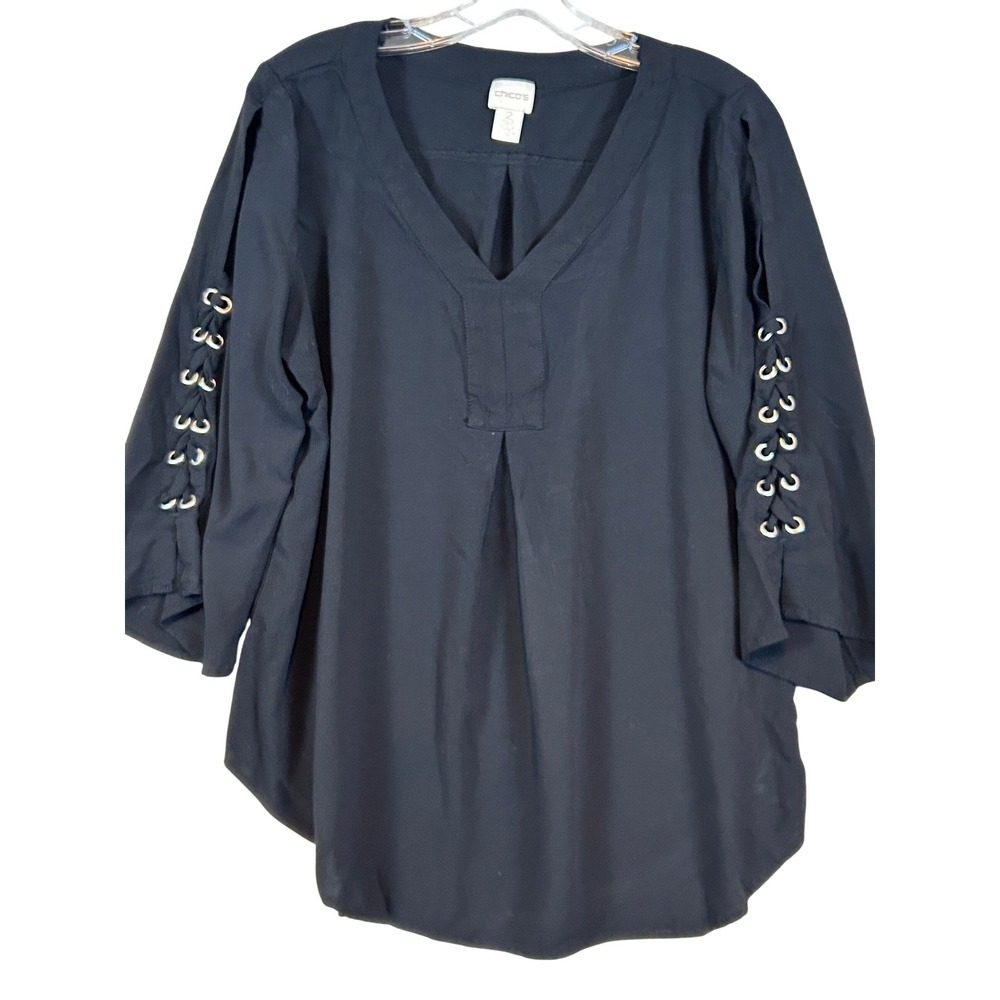 Chicos Black Lace Up Grommet Sleeve V-Neck Blouse Top Size 2 Womens Large Chic